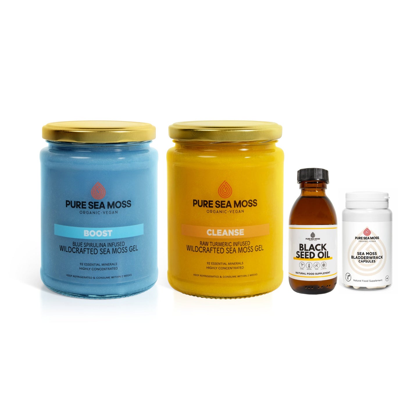 Pure Sea Moss UK Wellness Bundle with Turmeric Sea Moss Gel, Spirulina Gel, Black Seed Oil and Vegan Capsules