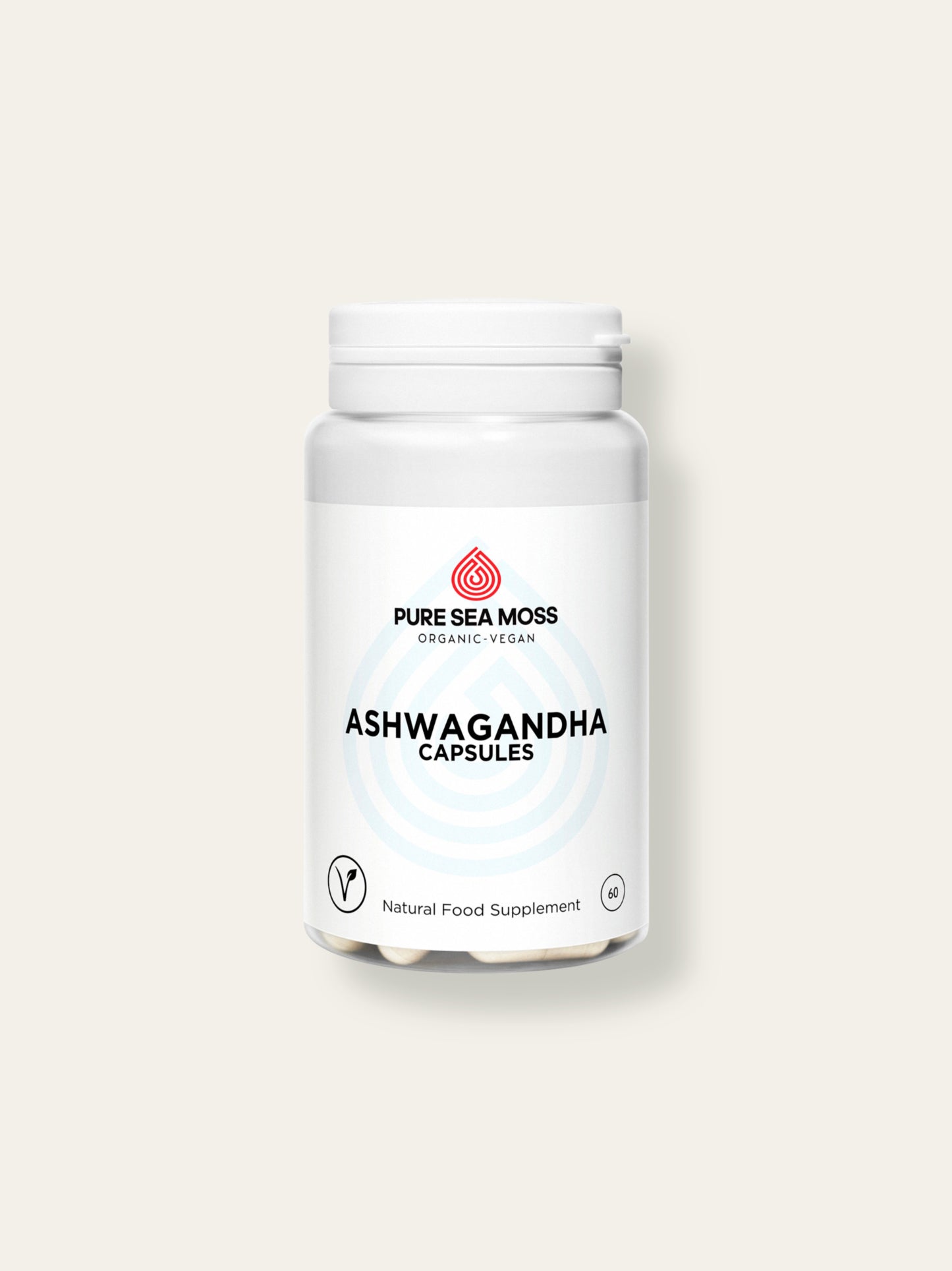 Bottle of Pure Sea Moss Ashwagandha capsules on a white background
