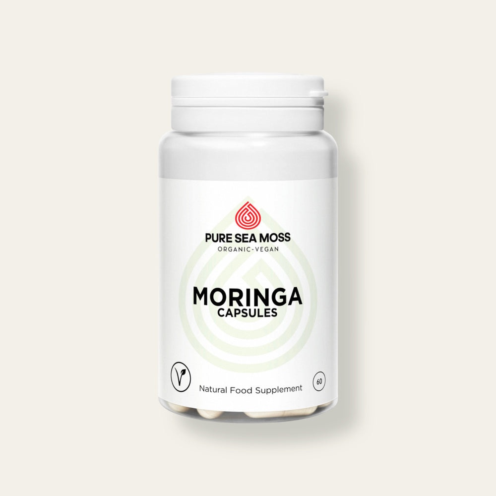 
                  
                    Bottle of Pure Sea Moss Moringa Capsules on a white background
                  
                