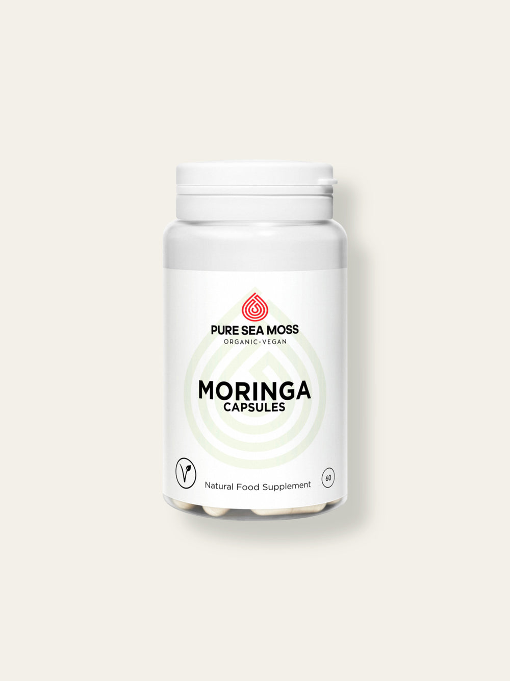 Bottle of Pure Sea Moss Moringa Capsules on a white background