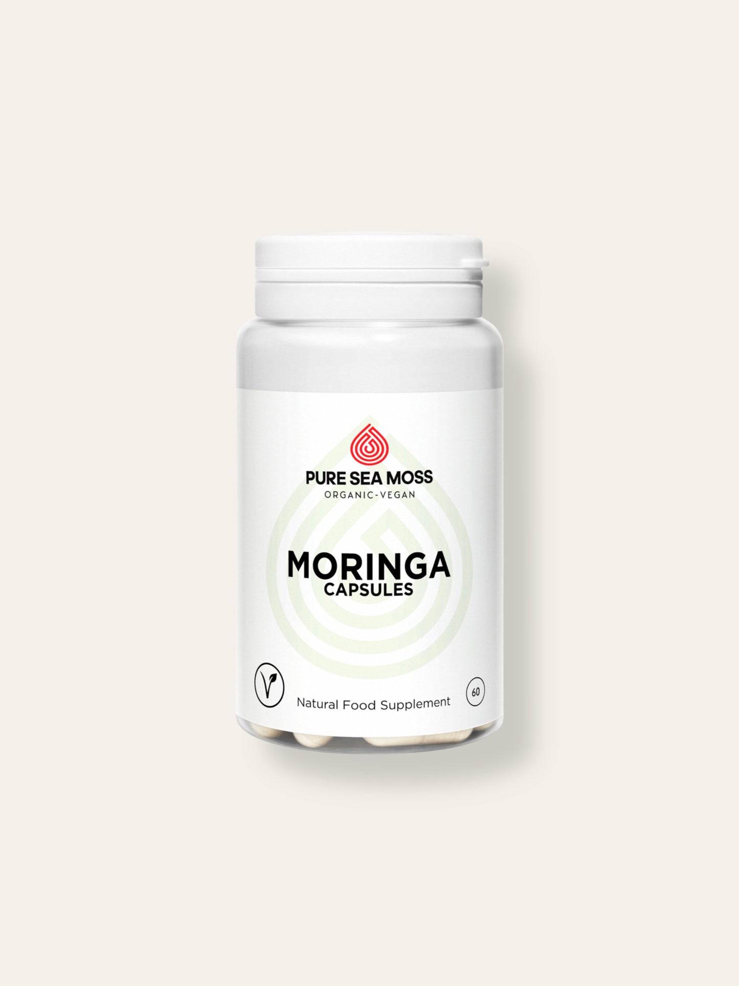 
                  
                    Bottle of Pure Sea Moss Moringa Capsules on a white background
                  
                