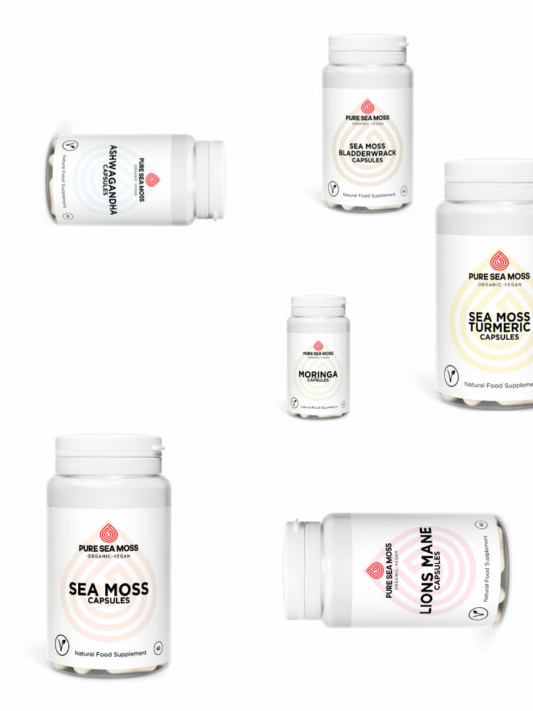 Collection of Pure Sea Moss supplement bottles on a white background
