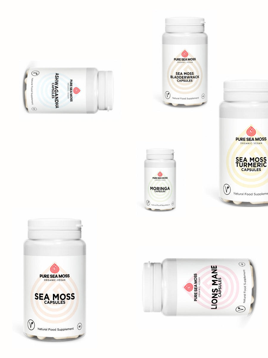 Collection of Pure Sea Moss supplement bottles on a white background
