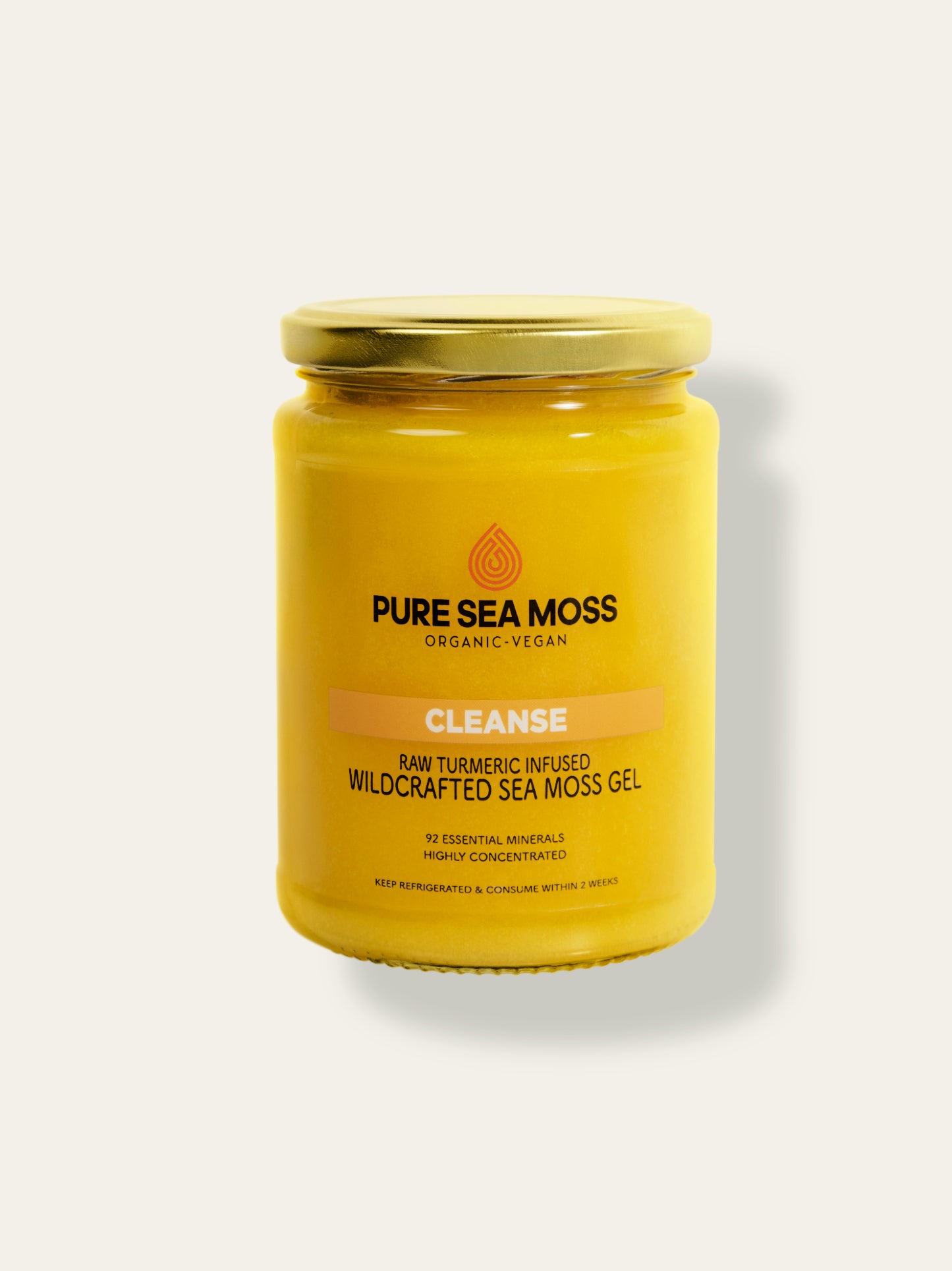 Jar of Turmeric infused Pure Sea Moss on a white background