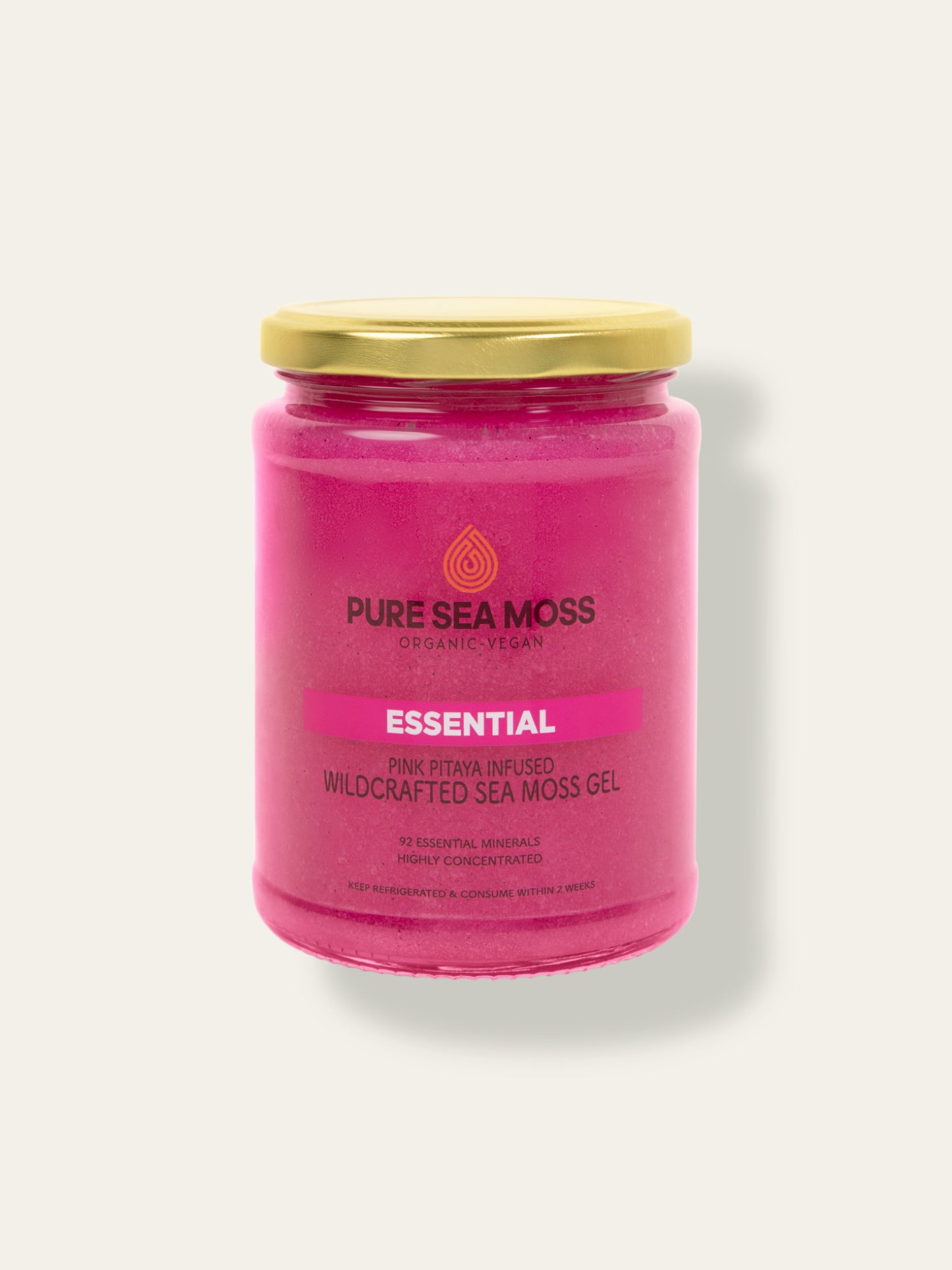 Pink jar of pink pitiya infused Pure Sea Moss gel with a gold lid on a white background