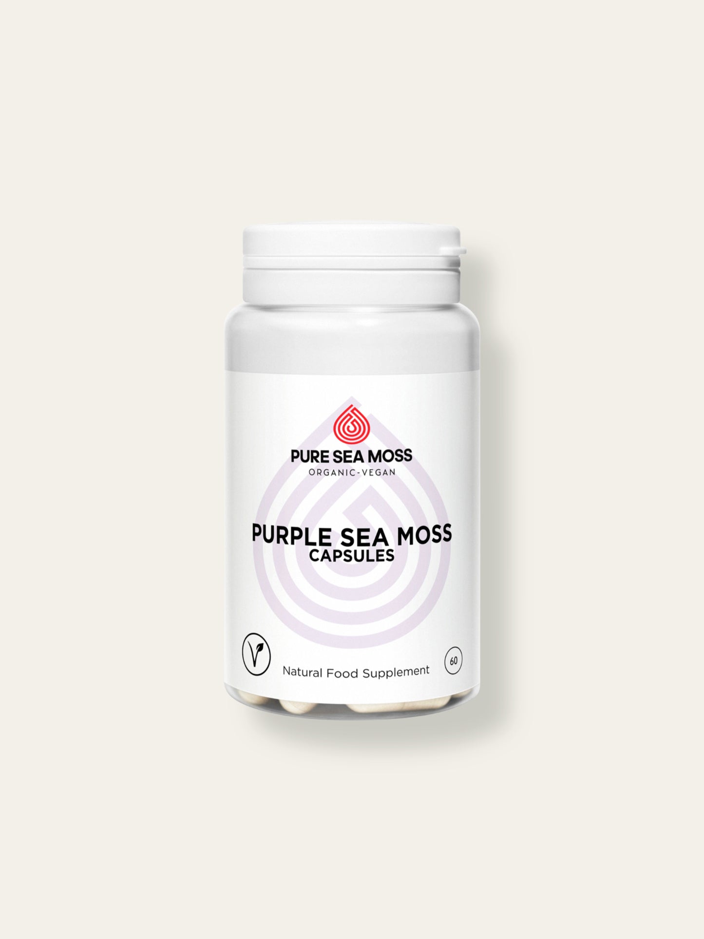 
                  
                    Bottle of Pure Sea Moss Purple Sea Moss Capsules on a white background
                  
                