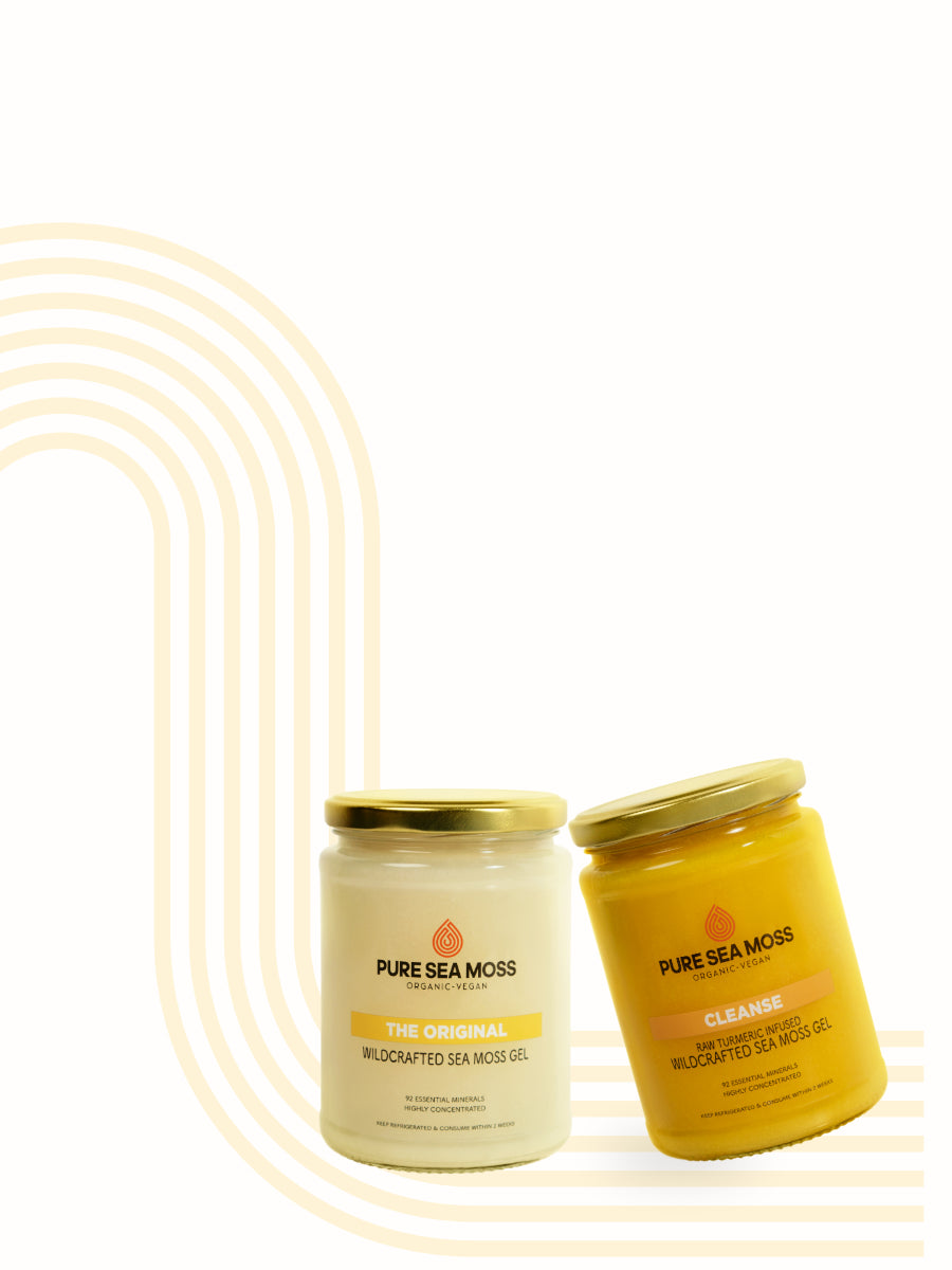 Two jars of Pure Sea Moss on a white background with decorative lines.
