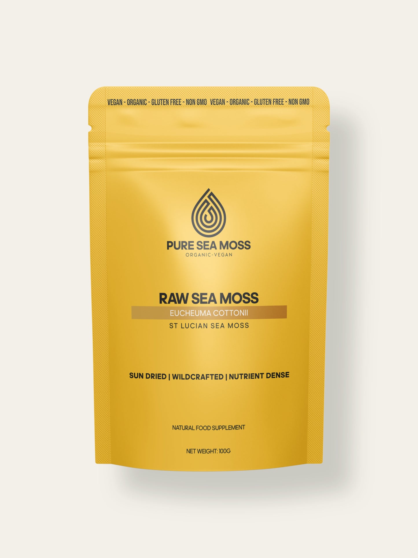 Yellow 100G pouch of Pure Sea Moss on a white background