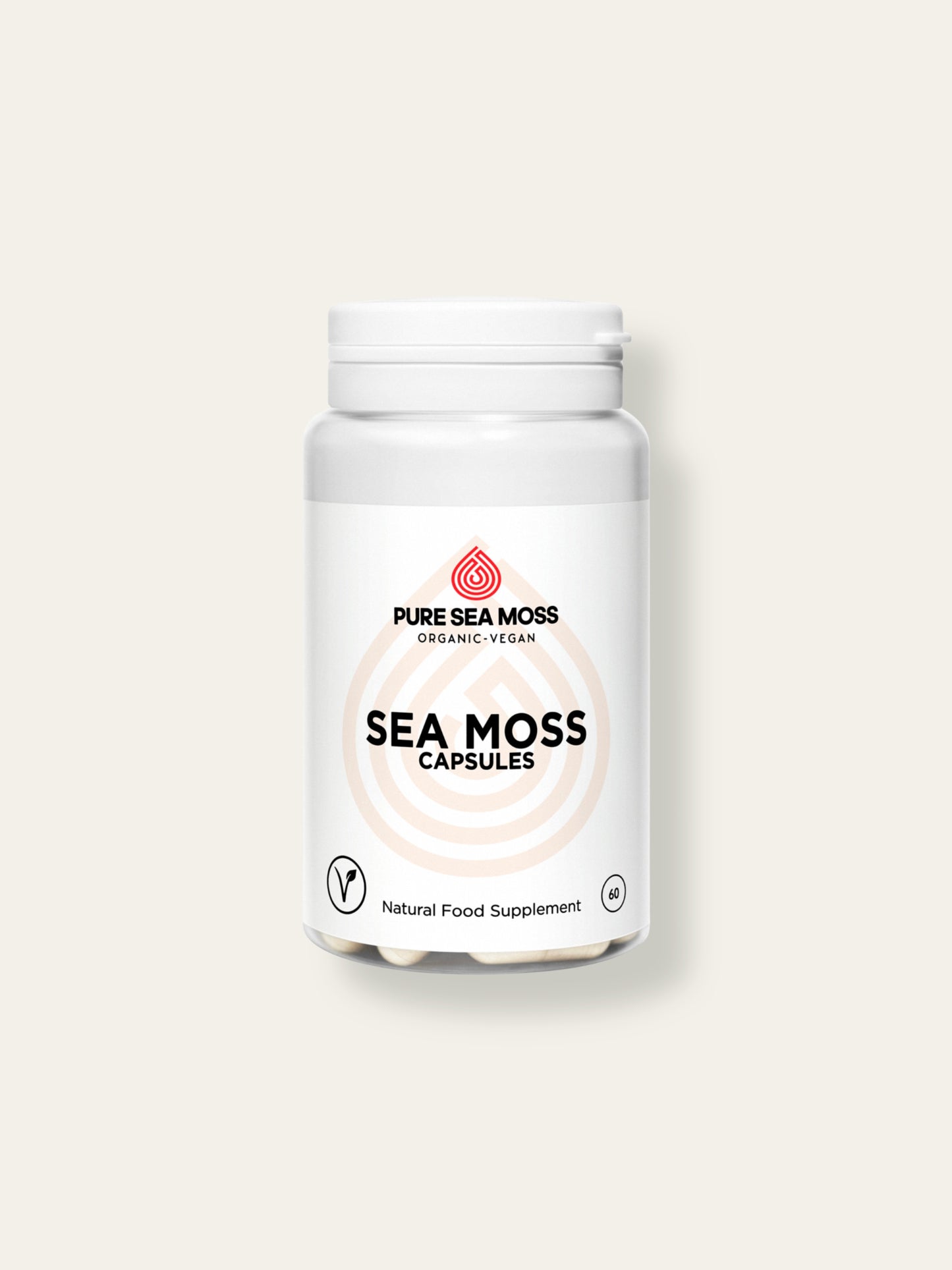 Bottle of Pure Sea Moss sea moss capsules on a white background