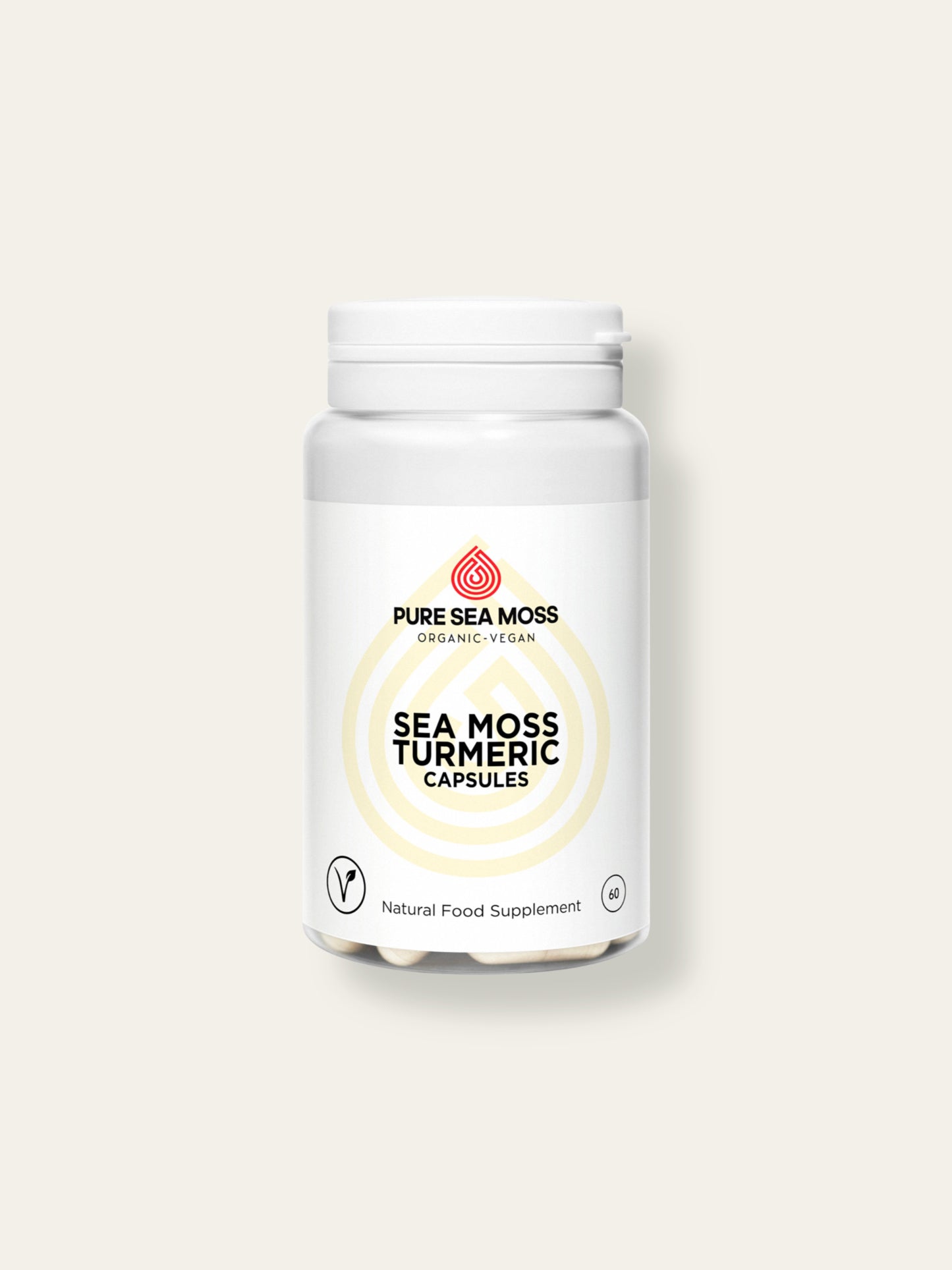 Bottle of Pure Sea Moss Sea Moss Turmeric Capsules on a white background