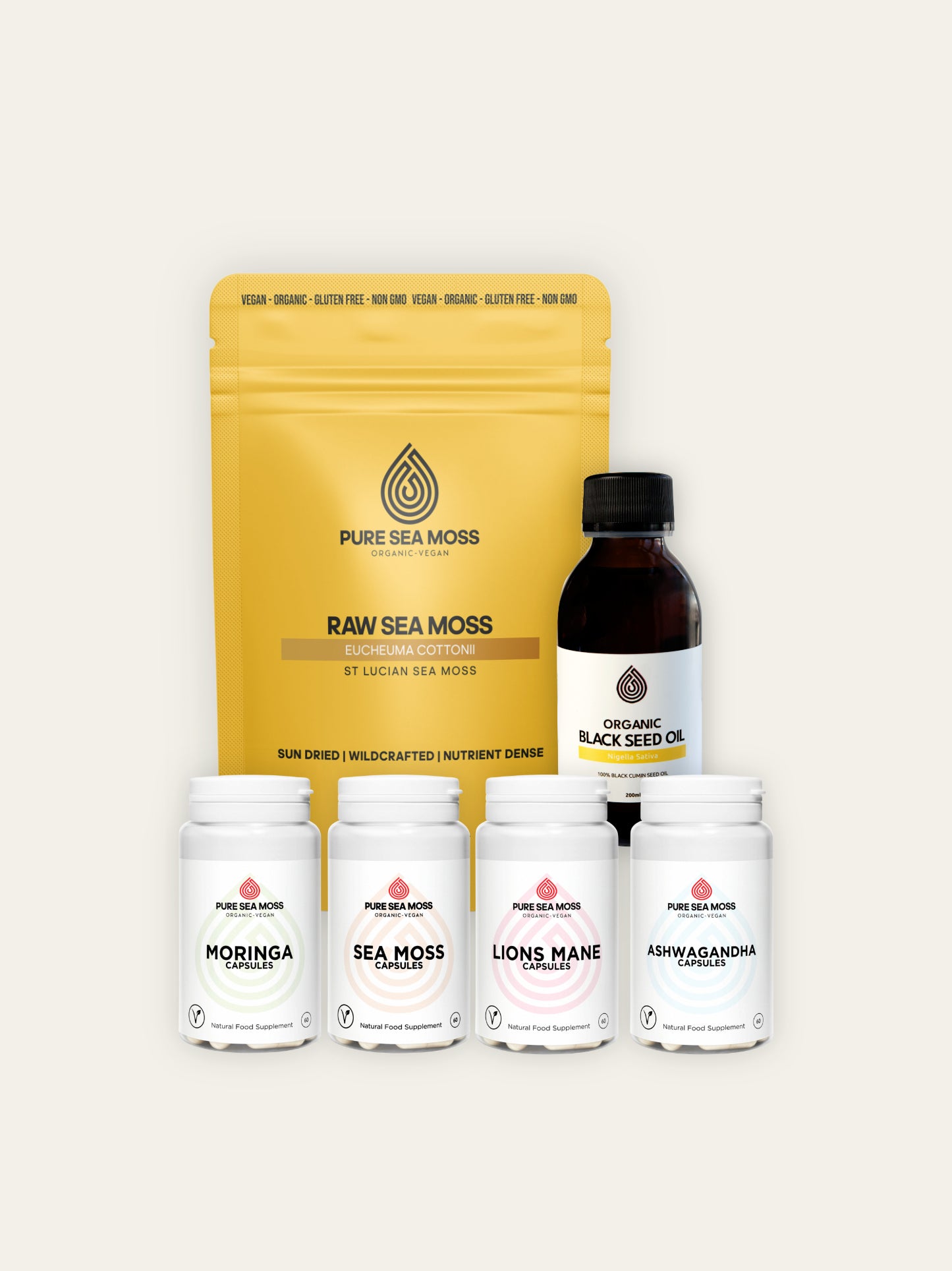 Pure Sea Moss Complete Wellness Bundle with raw St Lucia sea moss, sea moss capsules, moringa, ashwagandha, lion’s mane and black seed oil