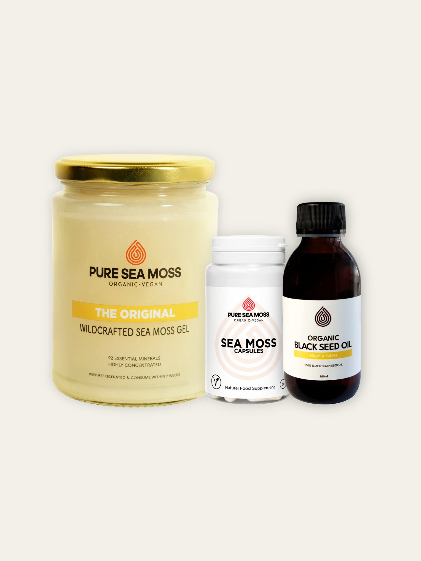 Pure Sea Moss Essentials Bundle with Original Sea Moss Gel, Sea Moss Capsules and Black Seed Oil